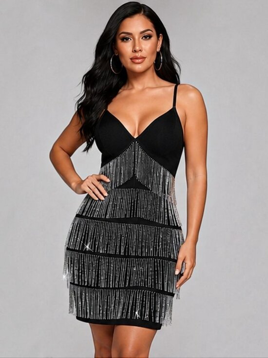 Dresses & Skirts - Rhinestone Crystal Fringe Bandage Bodycon Cocktail Dress Body Sculpting Fit